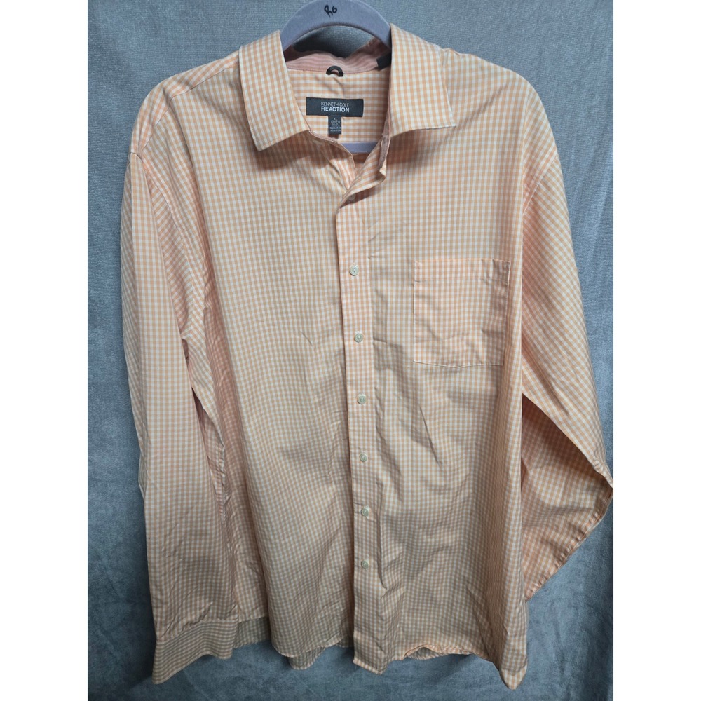 Kenneth Cole Reaction Men XL 17-17.5 Orange Gingham Non-Iron Dress Shirt Regular